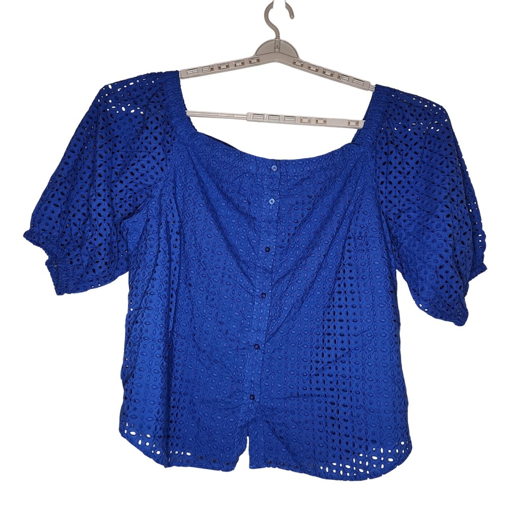 RALPH LAUREN Eyelet Shirt Blouse Womens 3X Cobalt Blue Cotton Off Shoulder NEW